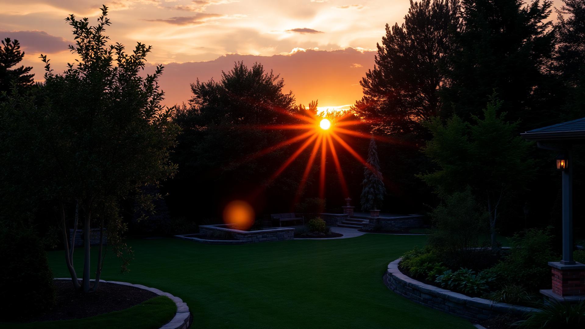 Sunset over a lush garden